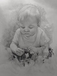 a pencil drawing of a baby playing with flowers