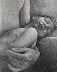 a black and white drawing of a child sleeping