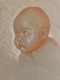 a drawing of a baby with a brown background